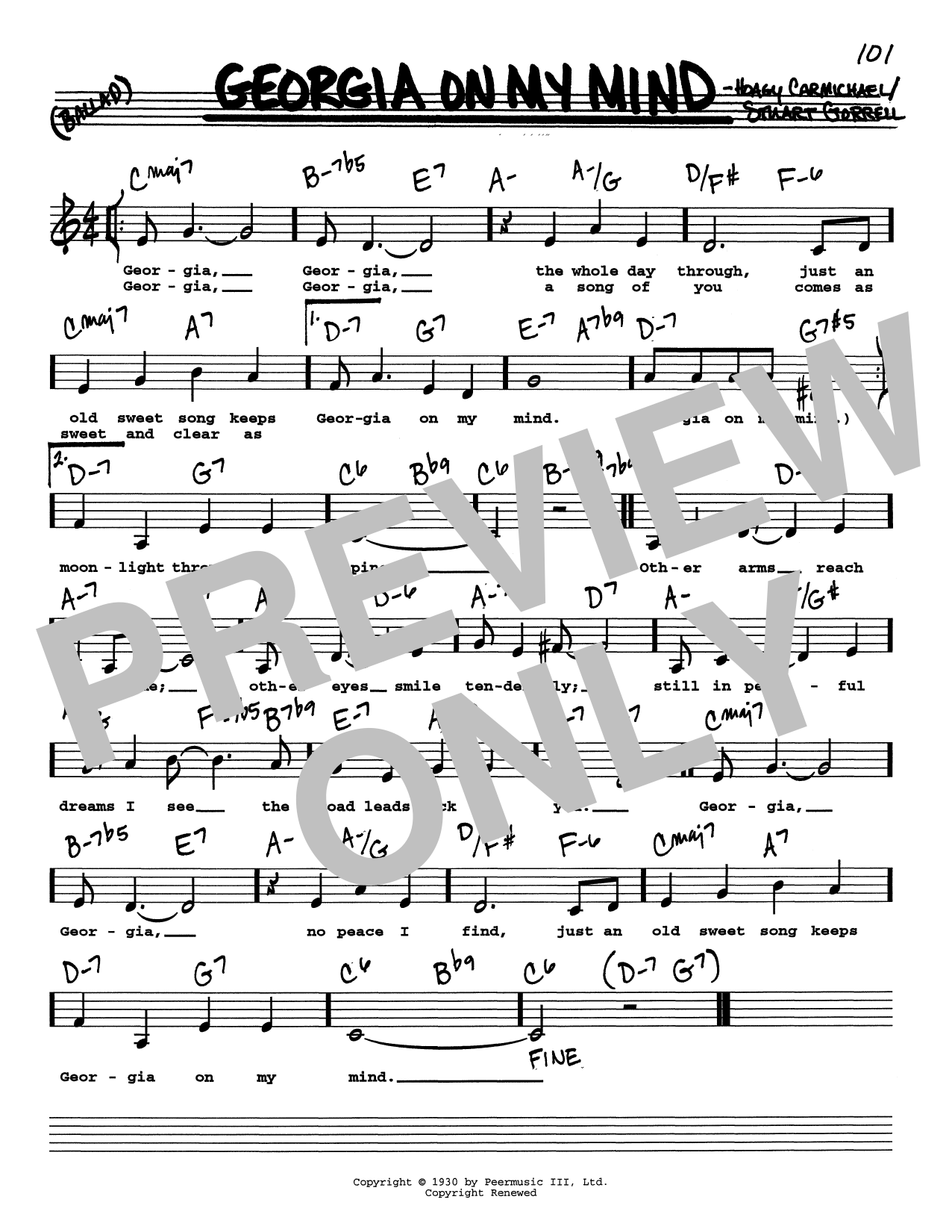 Download Ray Charles Georgia On My Mind (Low Voice) Sheet Music and learn how to play Real Book – Melody, Lyrics & Chords PDF digital score in minutes