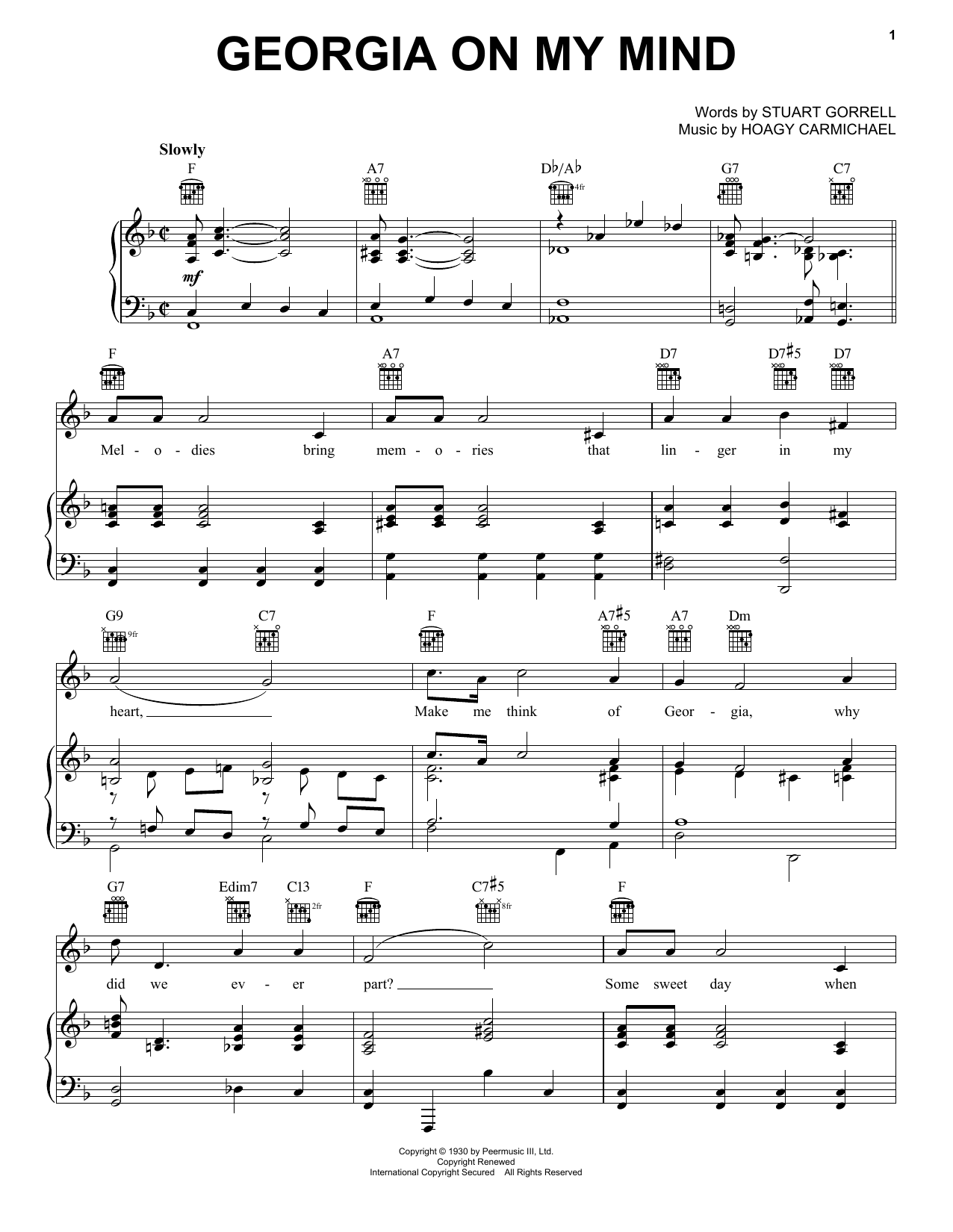 Download Ray Charles Georgia On My Mind Sheet Music and learn how to play Piano, Vocal & Guitar (Right-Hand Melody) PDF digital score in minutes