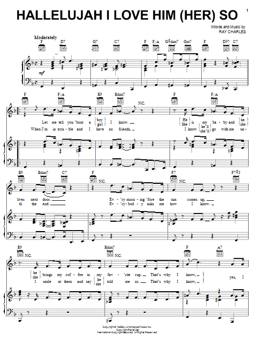Download Ray Charles Hallelujah I Love Him (Her) So Sheet Music and learn how to play Piano, Vocal & Guitar (Right-Hand Melody) PDF digital score in minutes