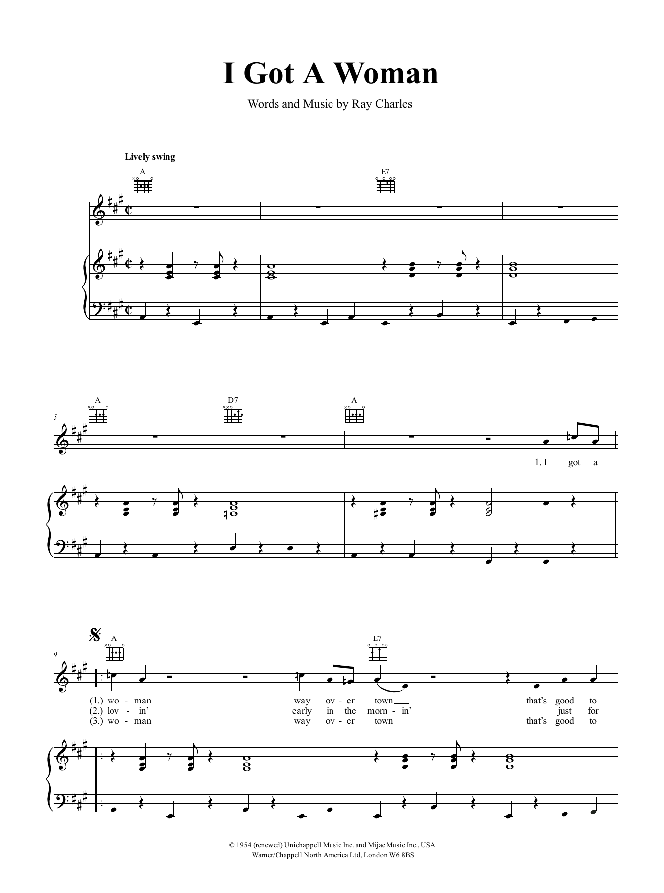 Download Ray Charles I Got A Woman Sheet Music and learn how to play Voice PDF digital score in minutes
