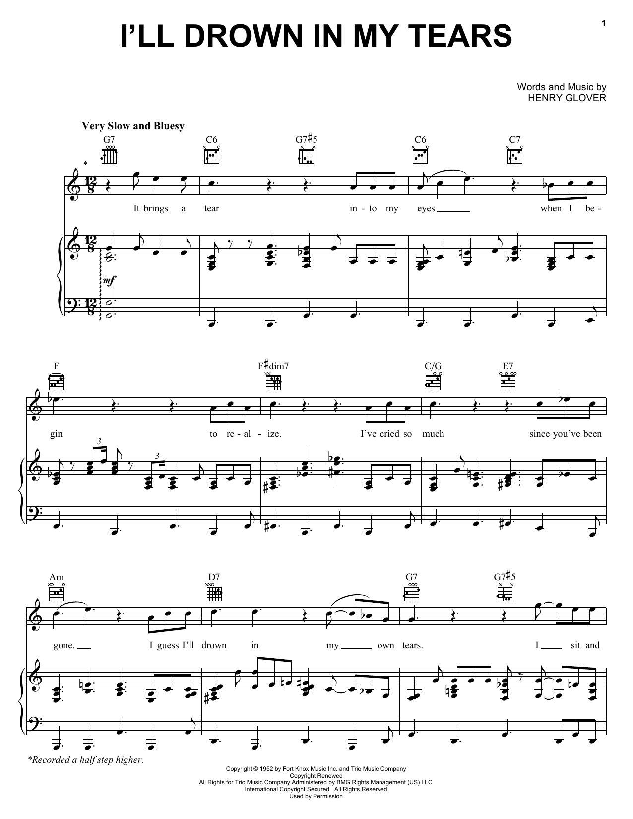 Download Ray Charles I'll Drown In My Tears Sheet Music and learn how to play Piano, Vocal & Guitar (Right-Hand Melody) PDF digital score in minutes