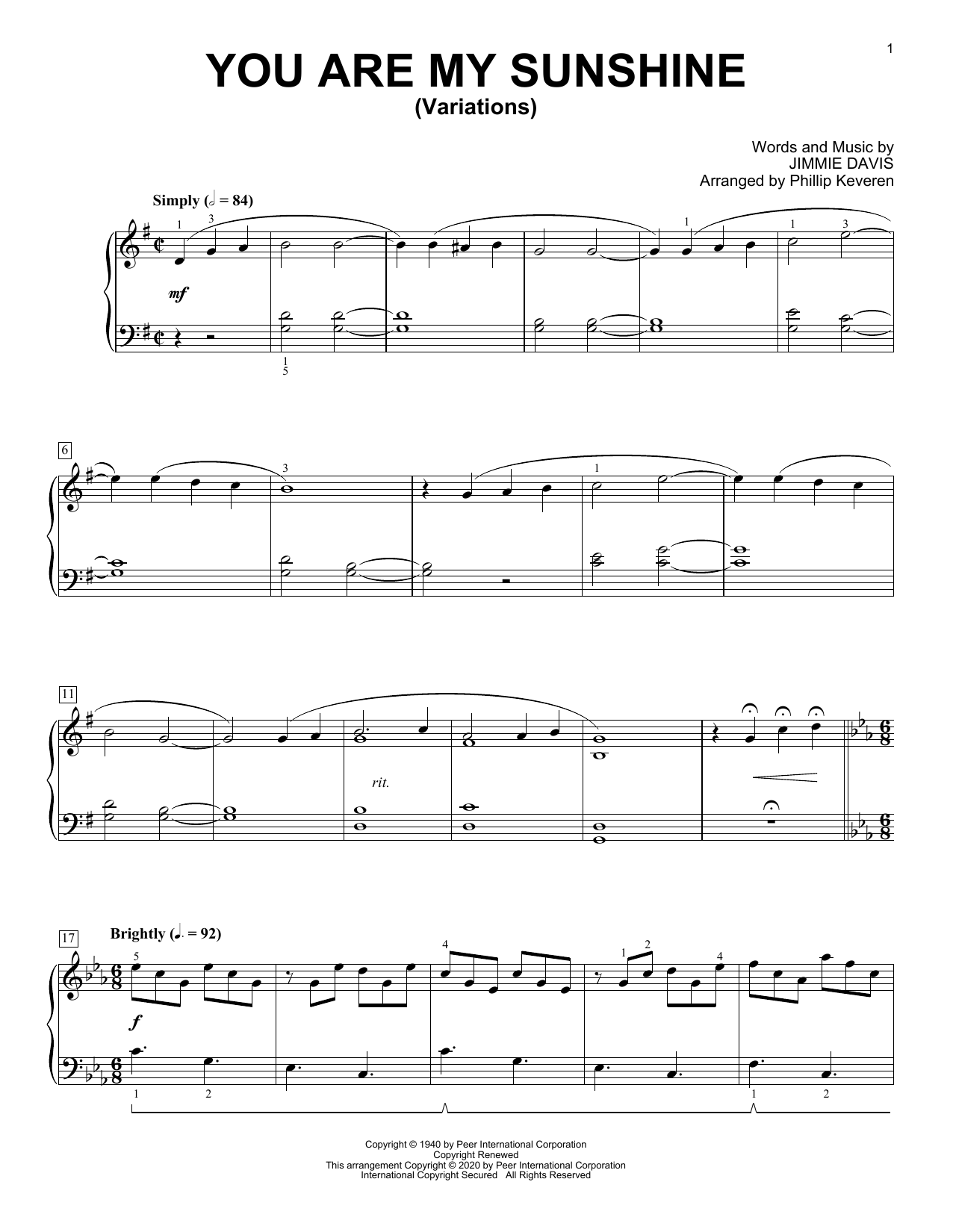 Download Ray Charles You Are My Sunshine [Classical version] (arr. Phillip Keveren) Sheet Music and learn how to play Piano Solo PDF digital score in minutes