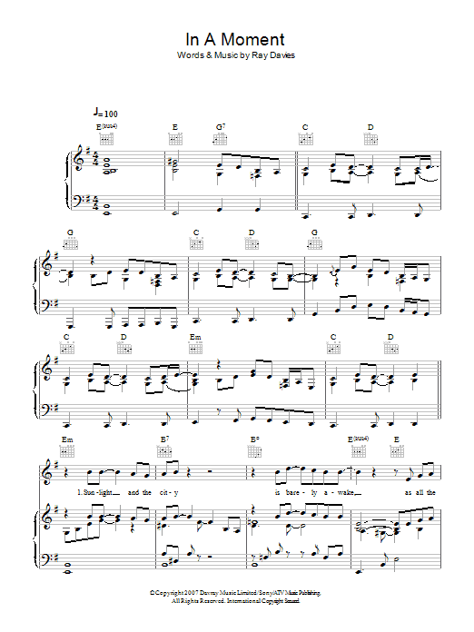 Download Ray Davies In A Moment Sheet Music and learn how to play Piano, Vocal & Guitar (Right-Hand Melody) PDF digital score in minutes