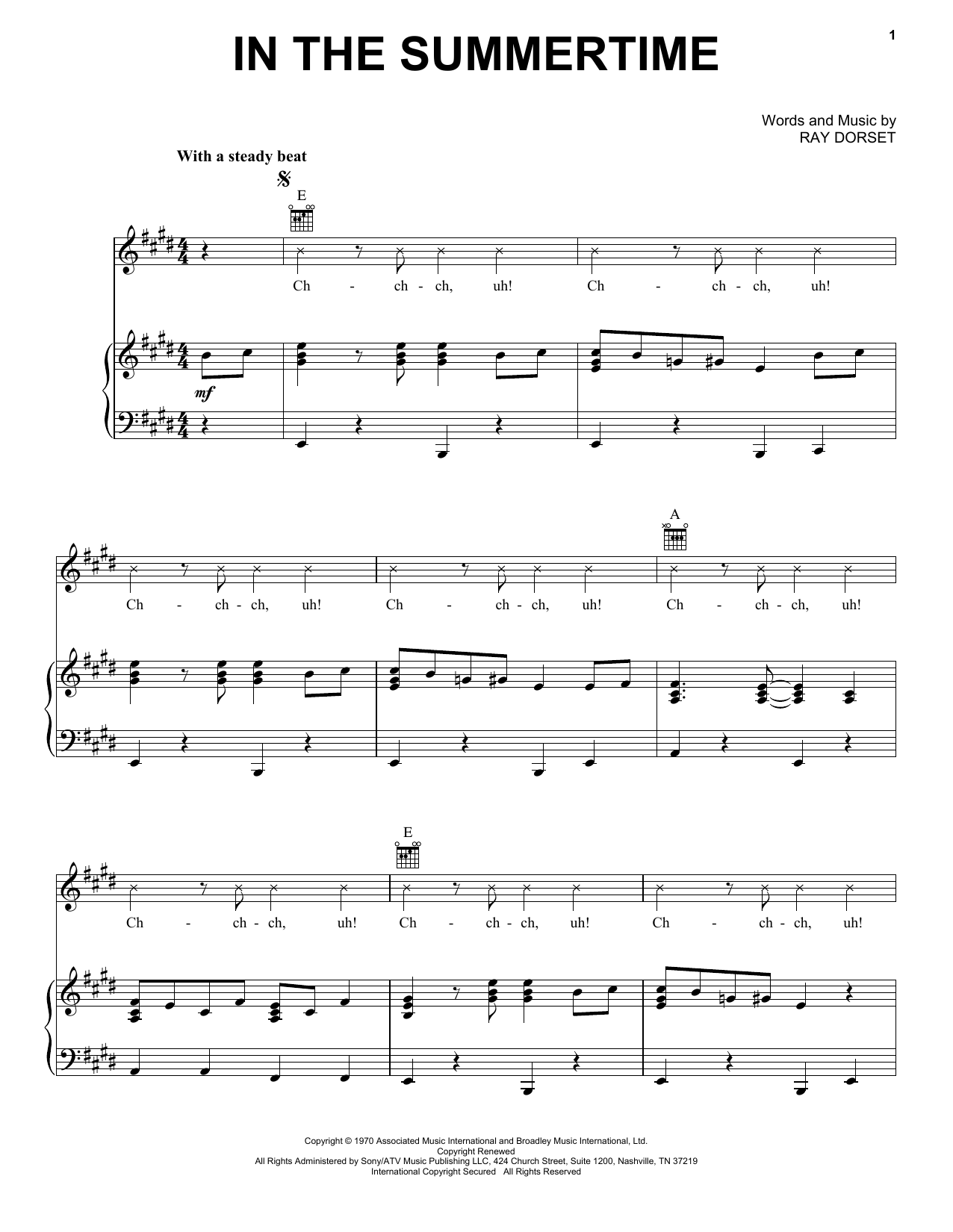 Download Ray Dorset In The Summertime Sheet Music and learn how to play Piano, Vocal & Guitar (Right-Hand Melody) PDF digital score in minutes