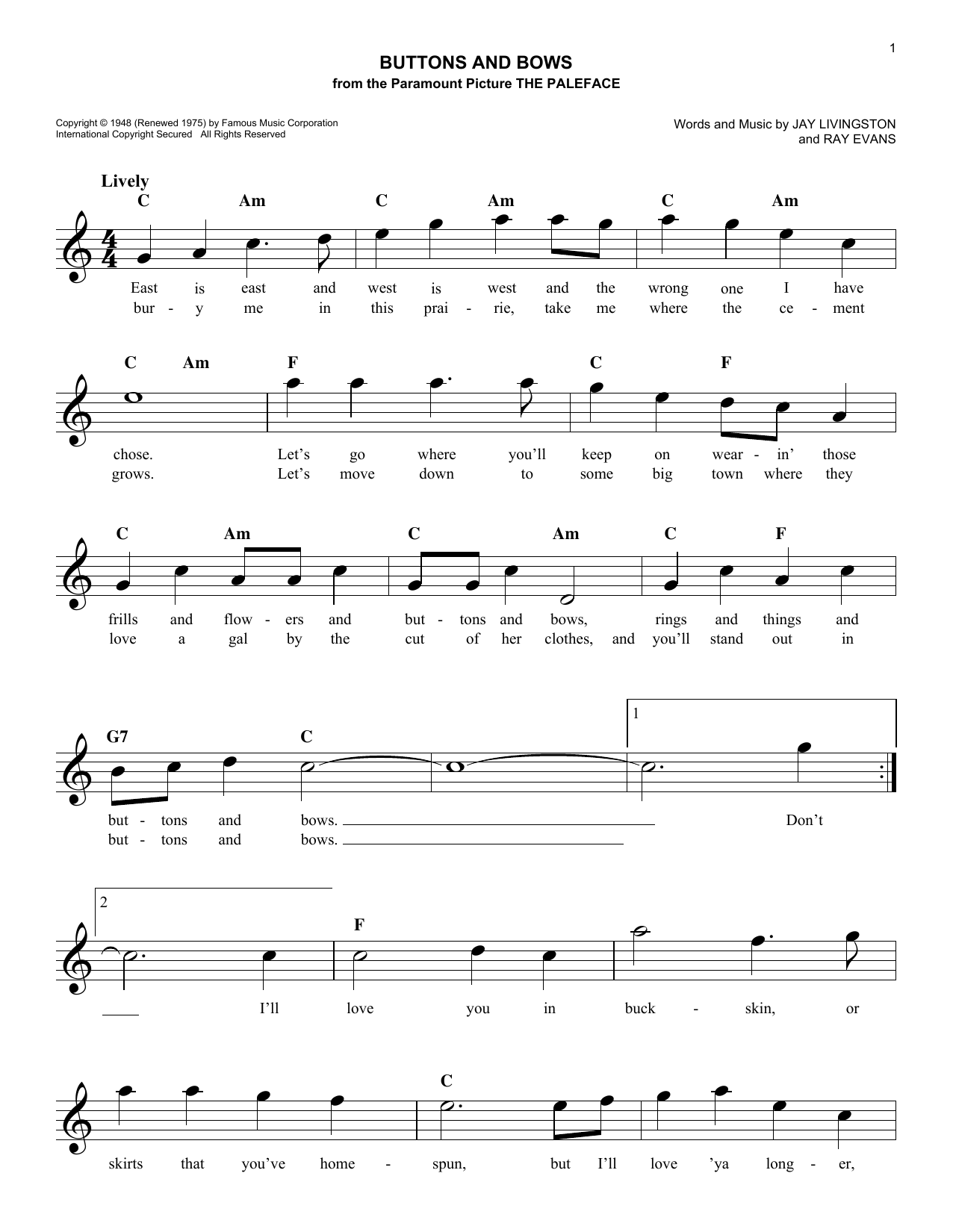 Download Ray Evans Buttons And Bows Sheet Music and learn how to play Melody Line, Lyrics & Chords PDF digital score in minutes