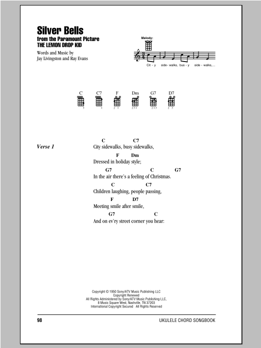 Download Ray Evans Silver Bells Sheet Music and learn how to play Ukulele with strumming patterns PDF digital score in minutes