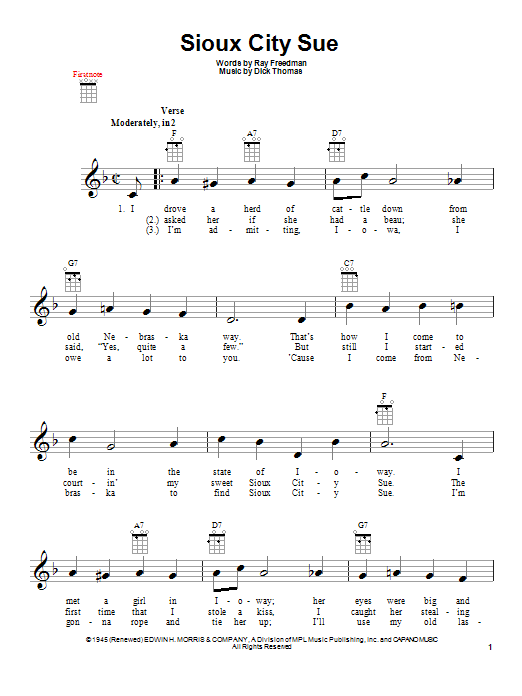 Download Ray Freedman Sioux City Sue Sheet Music and learn how to play Ukulele PDF digital score in minutes