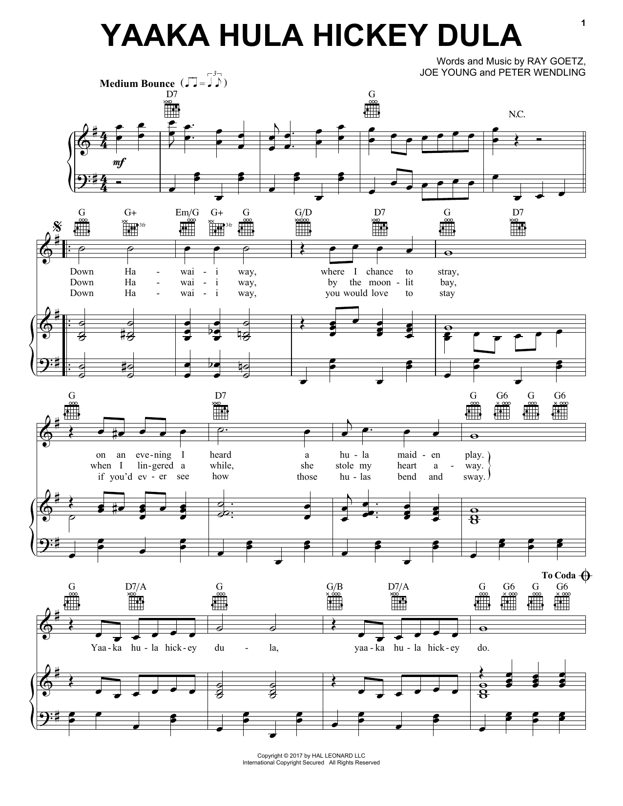 Download Ray Goetz Yaaka Hula Hickey Dula Sheet Music and learn how to play Piano, Vocal & Guitar (Right-Hand Melody) PDF digital score in minutes