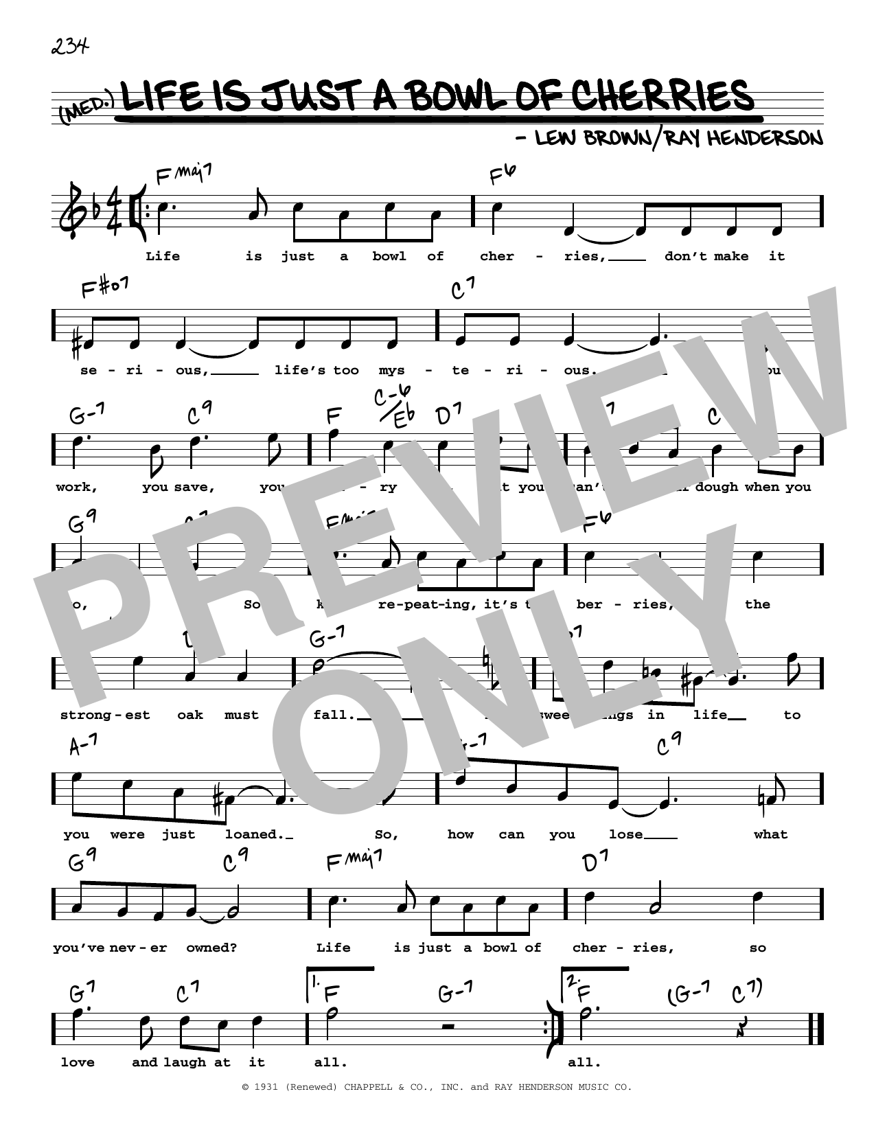 Download Ray Henderson and Lew Brown Life Is Just A Bowl Of Cherries (High Voice) (from George White's Scandals) Sheet Music and learn how to play Real Book – Melody, Lyrics & Chords PDF digital score in minutes