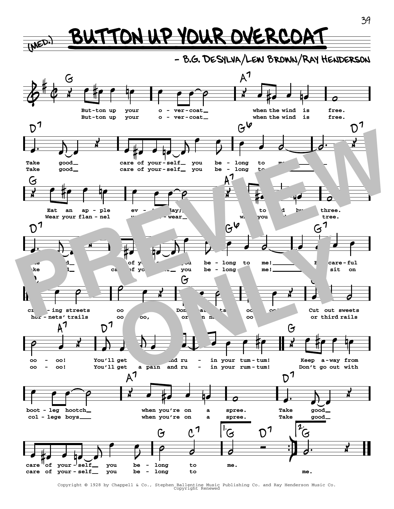 Download Ray Henderson Button Up Your Overcoat (High Voice) (from Follow Thru) Sheet Music and learn how to play Real Book – Melody, Lyrics & Chords PDF digital score in minutes