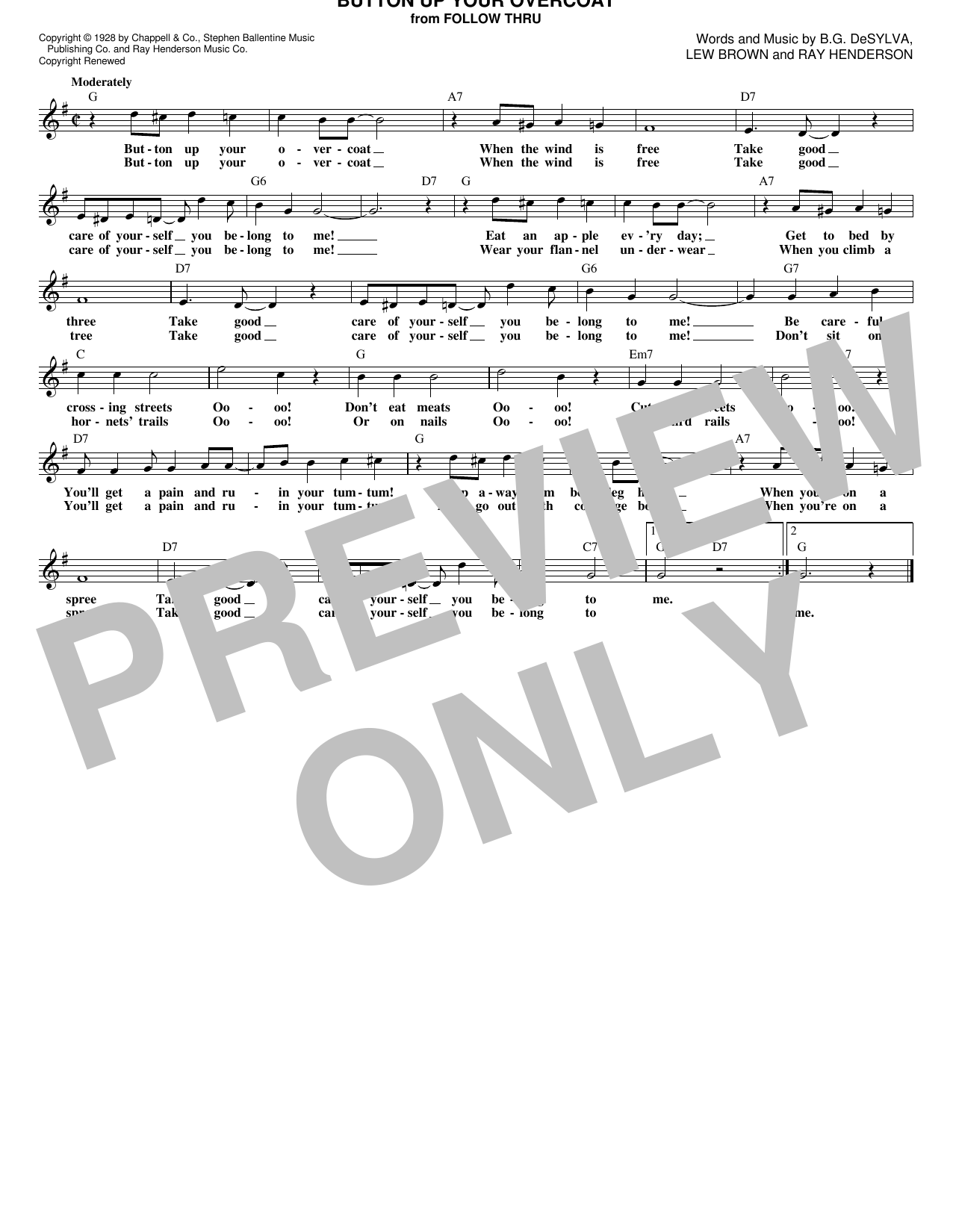 Download Ray Henderson Button Up Your Overcoat Sheet Music and learn how to play Real Book – Melody & Chords PDF digital score in minutes