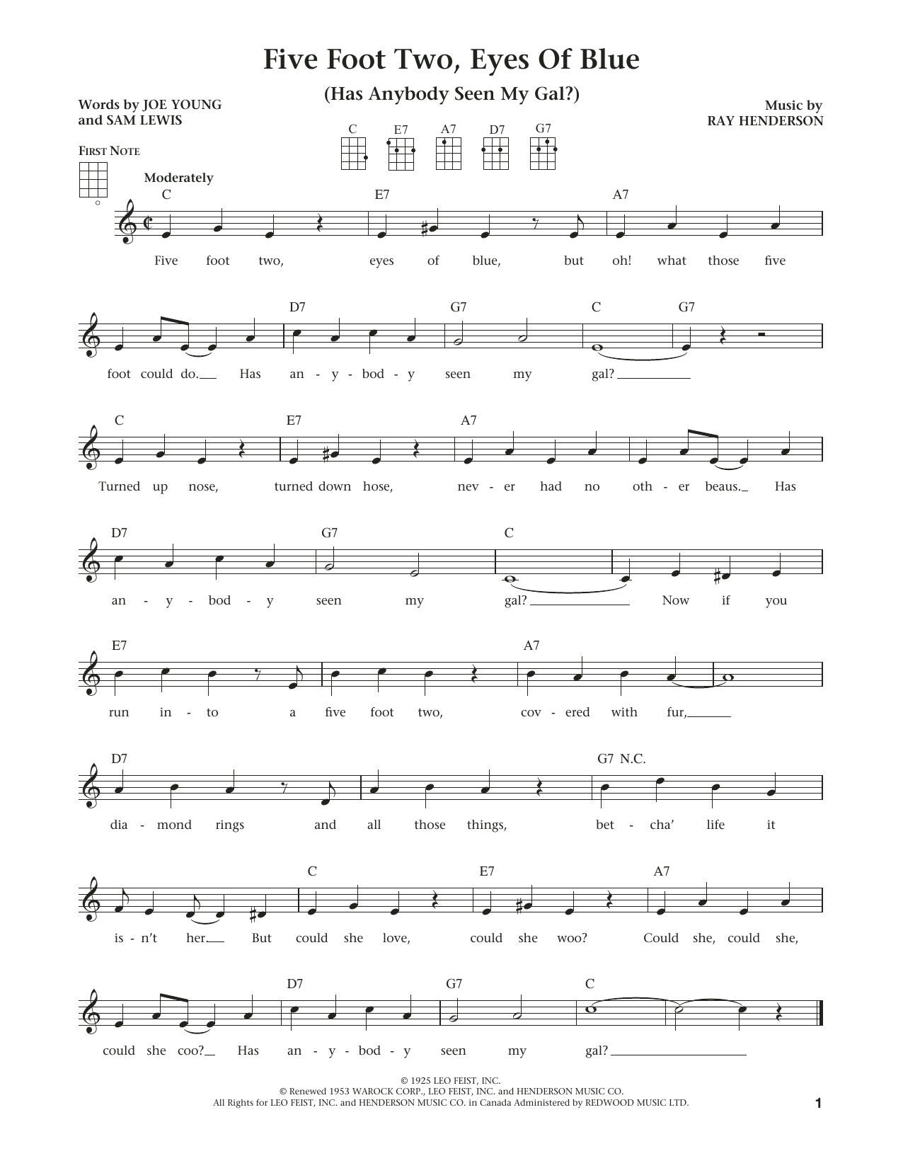 Download Ray Henderson Five Foot Two, Eyes Of Blue (Has Anybody Seen My Girl?) Sheet Music and learn how to play Ukulele PDF digital score in minutes