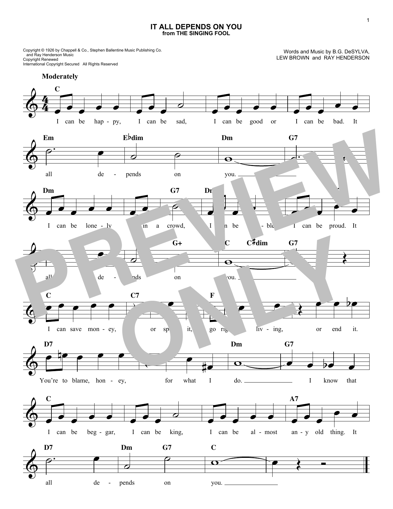 Download Ray Henderson It All Depends On You Sheet Music and learn how to play Melody Line, Lyrics & Chords PDF digital score in minutes