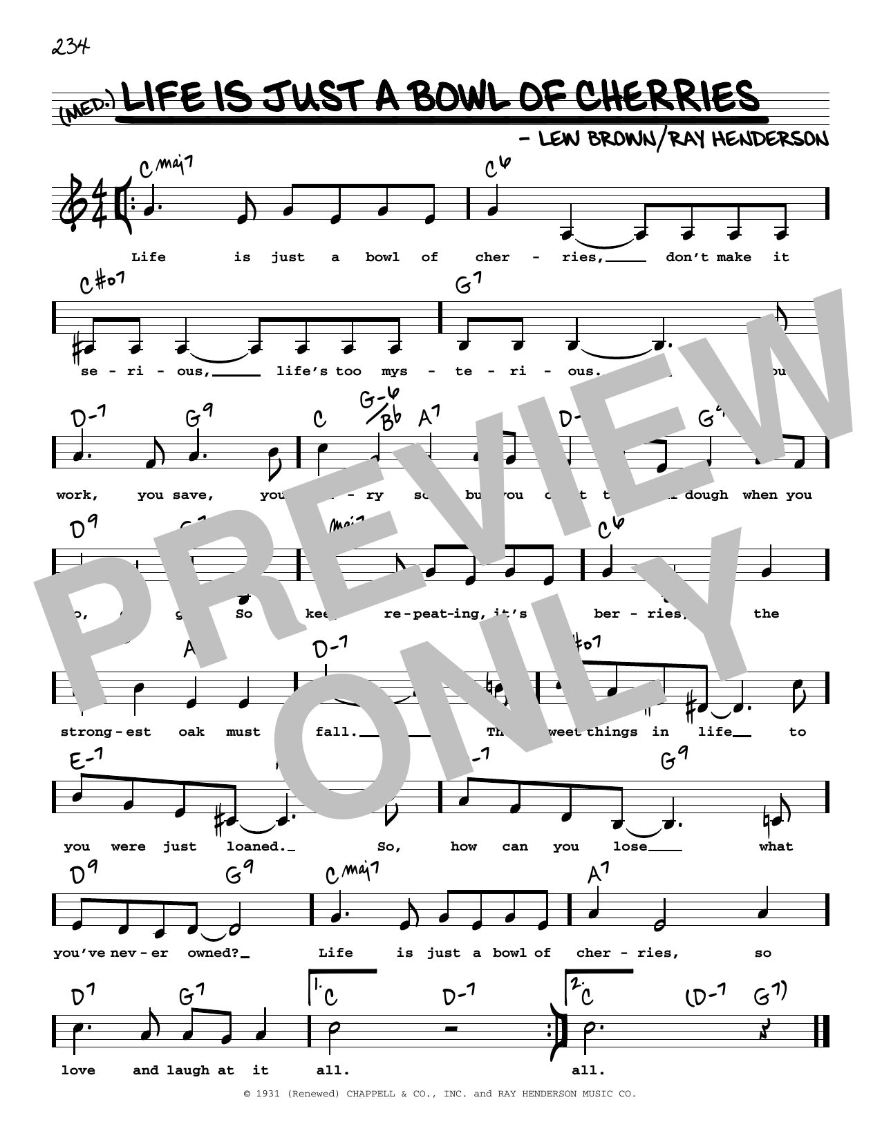 Download Ray Henderson Life Is Just A Bowl Of Cherries (Low Voice) Sheet Music and learn how to play Real Book – Melody, Lyrics & Chords PDF digital score in minutes