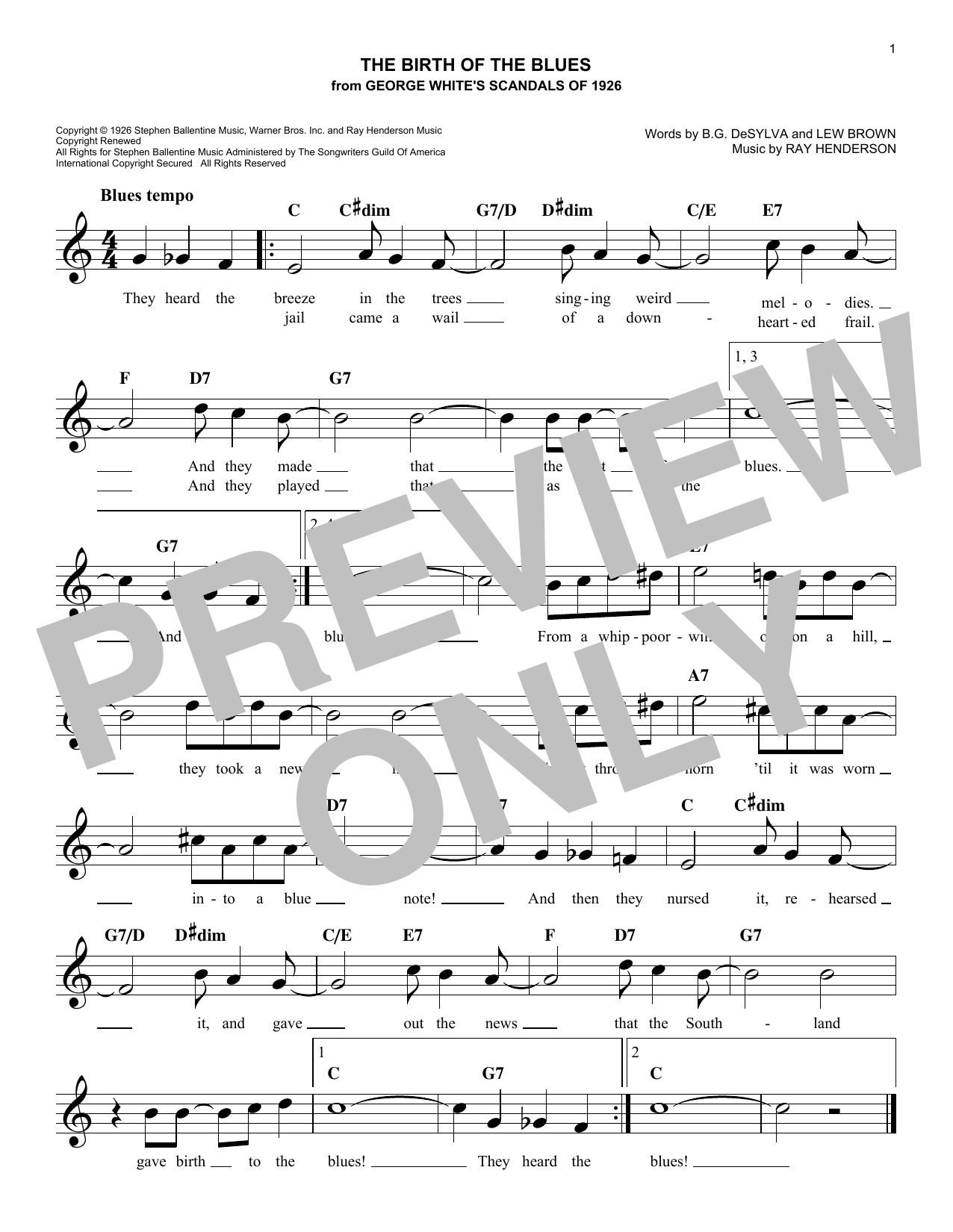 Download Ray Henderson The Birth Of The Blues Sheet Music and learn how to play Melody Line, Lyrics & Chords PDF digital score in minutes
