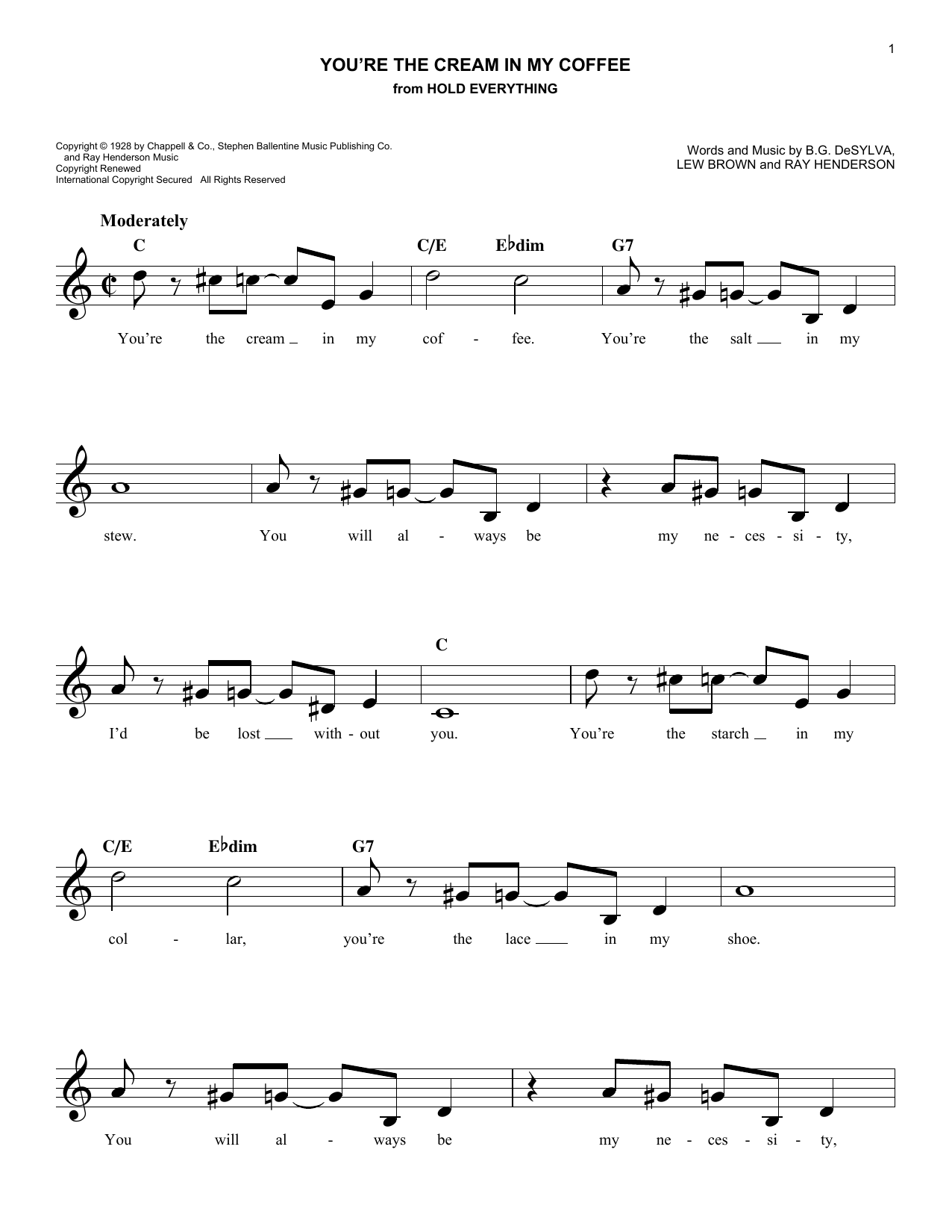 Download Ray Henderson You're The Cream In My Coffee Sheet Music and learn how to play Melody Line, Lyrics & Chords PDF digital score in minutes
