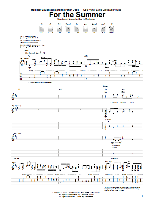 Download Ray LaMontagne and The Pariah Dogs For The Summer Sheet Music and learn how to play Guitar Tab PDF digital score in minutes