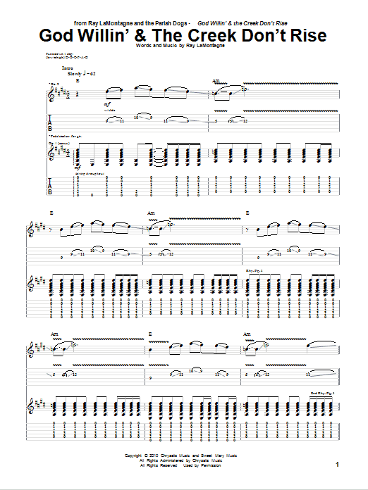 Download Ray LaMontagne and The Pariah Dogs God Willin' & The Creek Don't Rise Sheet Music and learn how to play Guitar Tab PDF digital score in minutes