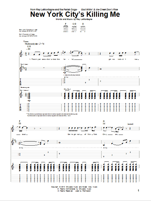 Download Ray LaMontagne and The Pariah Dogs New York City's Killing Me Sheet Music and learn how to play Guitar Tab PDF digital score in minutes