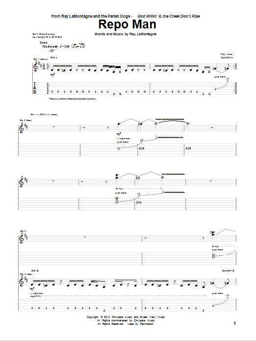 Download Ray LaMontagne and The Pariah Dogs Repo Man Sheet Music and learn how to play Guitar Tab PDF digital score in minutes