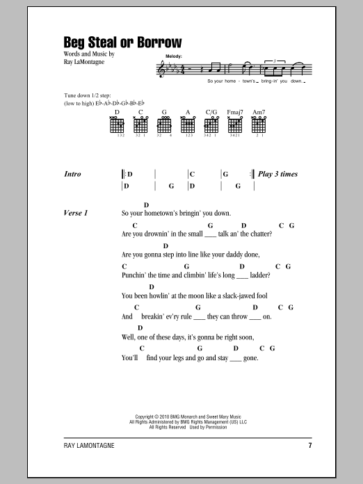 Download Ray LaMontagne Beg Steal Or Borrow Sheet Music and learn how to play Lyrics & Chords PDF digital score in minutes