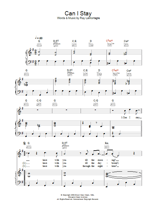 Download Ray LaMontagne Can I Stay Sheet Music and learn how to play Lyrics & Chords PDF digital score in minutes