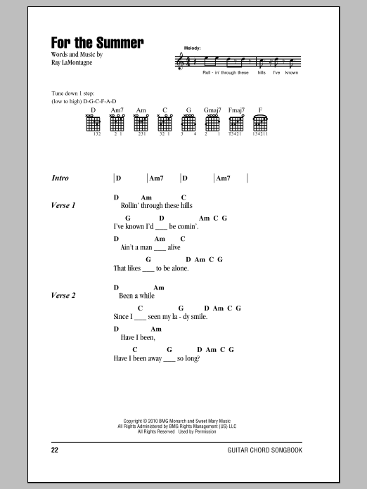 Download Ray LaMontagne For The Summer Sheet Music and learn how to play Lyrics & Chords PDF digital score in minutes