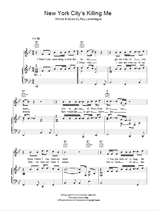 Download Ray LaMontagne New York City's Killing Me Sheet Music and learn how to play Piano, Vocal & Guitar (Right-Hand Melody) PDF digital score in minutes