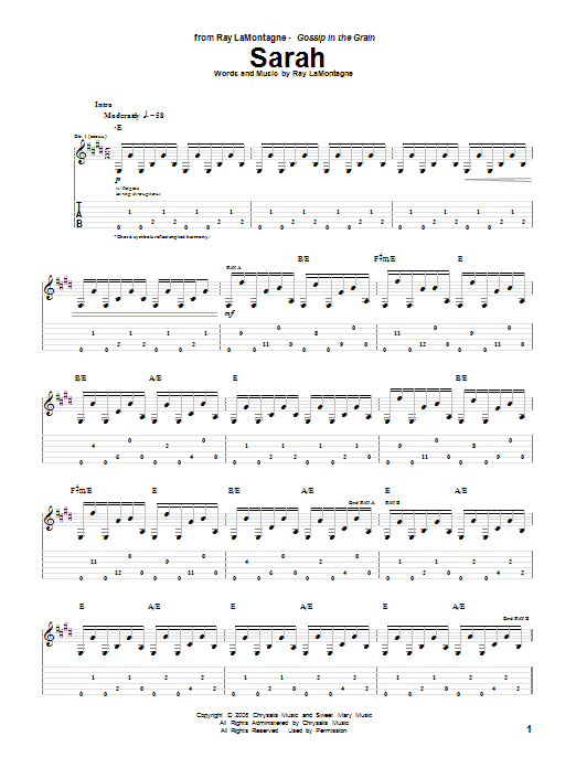 Download Ray LaMontagne Sarah Sheet Music and learn how to play Guitar Tab PDF digital score in minutes