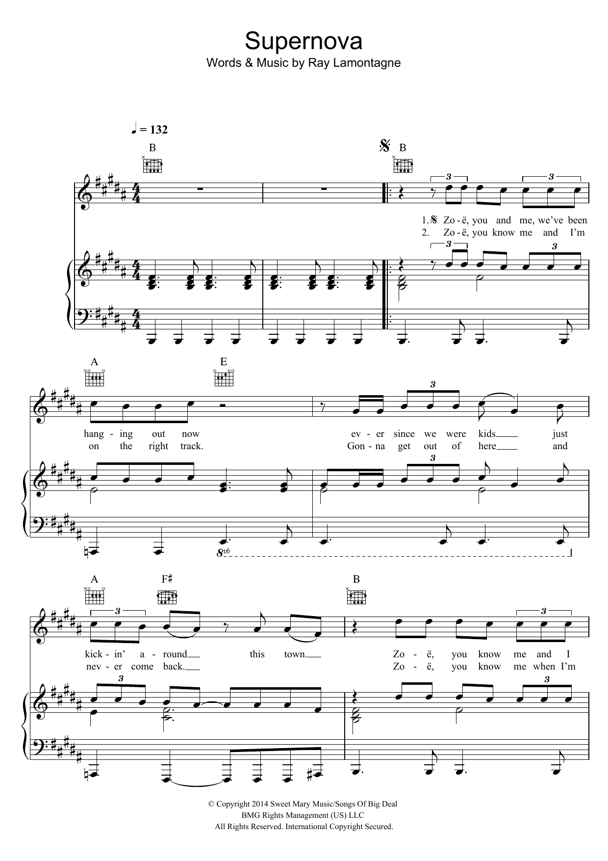 Download Ray LaMontagne Supernova Sheet Music and learn how to play Piano, Vocal & Guitar (Right-Hand Melody) PDF digital score in minutes