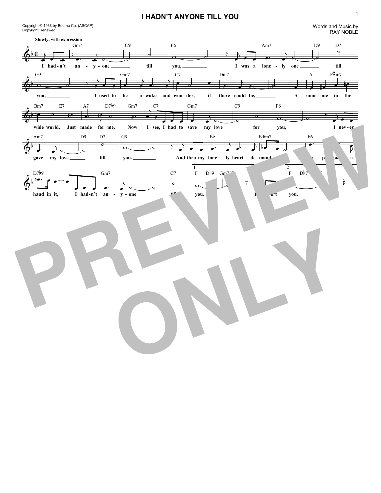 Download Ray Noble I Hadn't Anyone Till You Sheet Music and learn how to play Melody Line, Lyrics & Chords PDF digital score in minutes