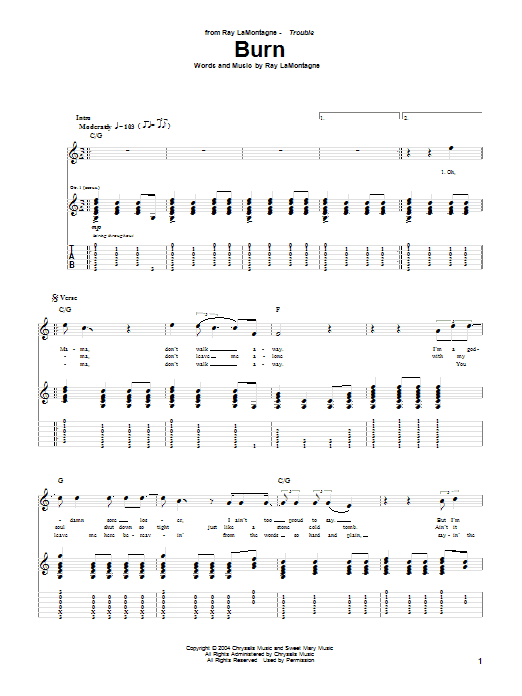 Ray Lamontagne Burn Sheet Music Notes Download Printable Pdf Score 155766