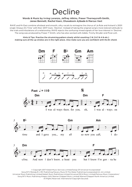 Download Mr Eazi Decline Sheet Music and learn how to play Beginner Ukulele PDF digital score in minutes