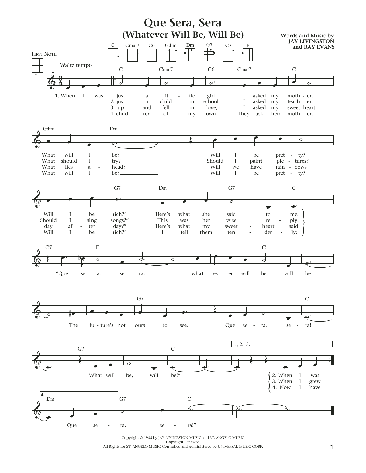 Download Raymond B. Evans Que Sera, Sera (Whatever Will Be, Will Be) Sheet Music and learn how to play Ukulele PDF digital score in minutes