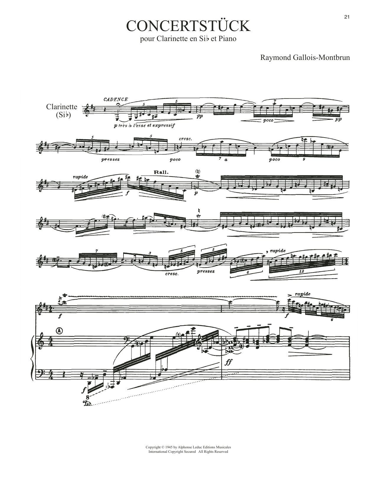 Download Raymond Gallois-Montbrun Concertstuck Sheet Music and learn how to play Clarinet and Piano PDF digital score in minutes