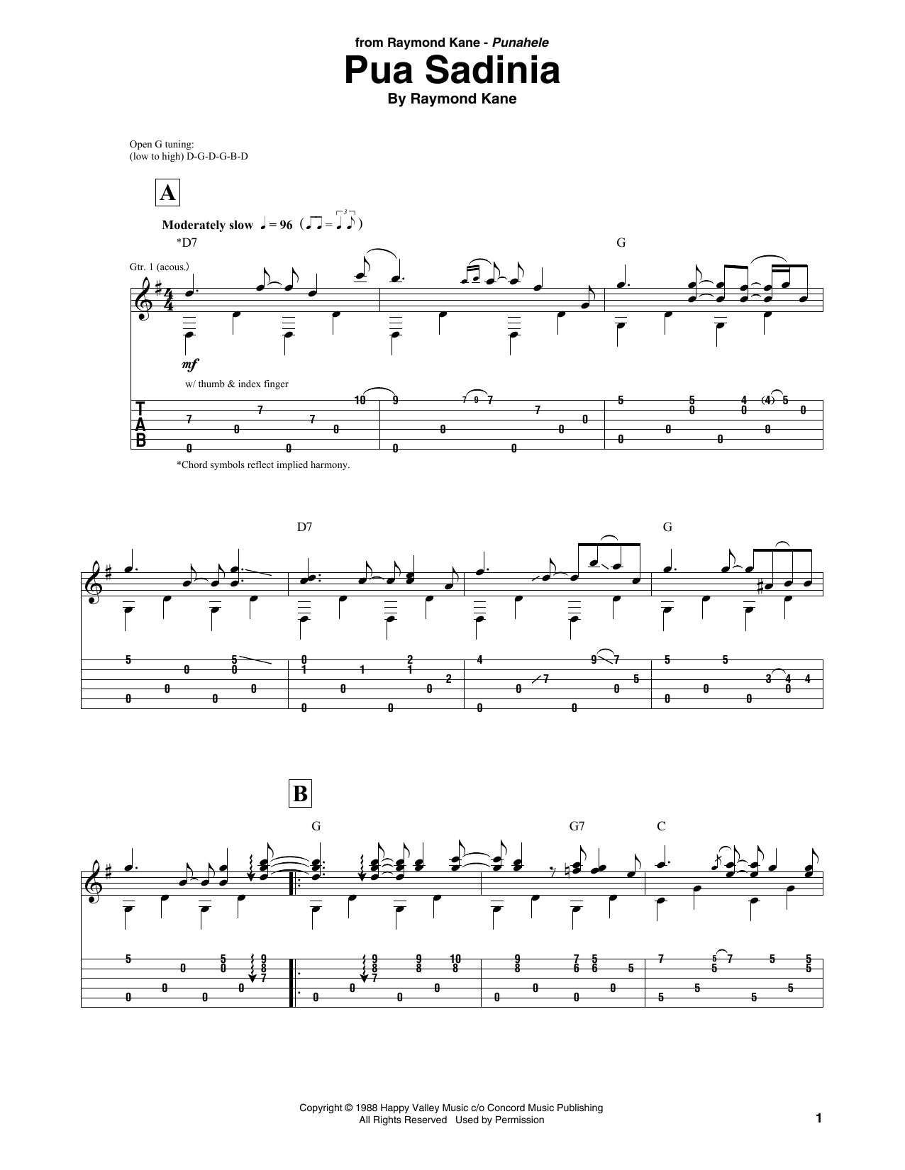 Download Raymond Kane Pua Sadinia Sheet Music and learn how to play Solo Guitar PDF digital score in minutes