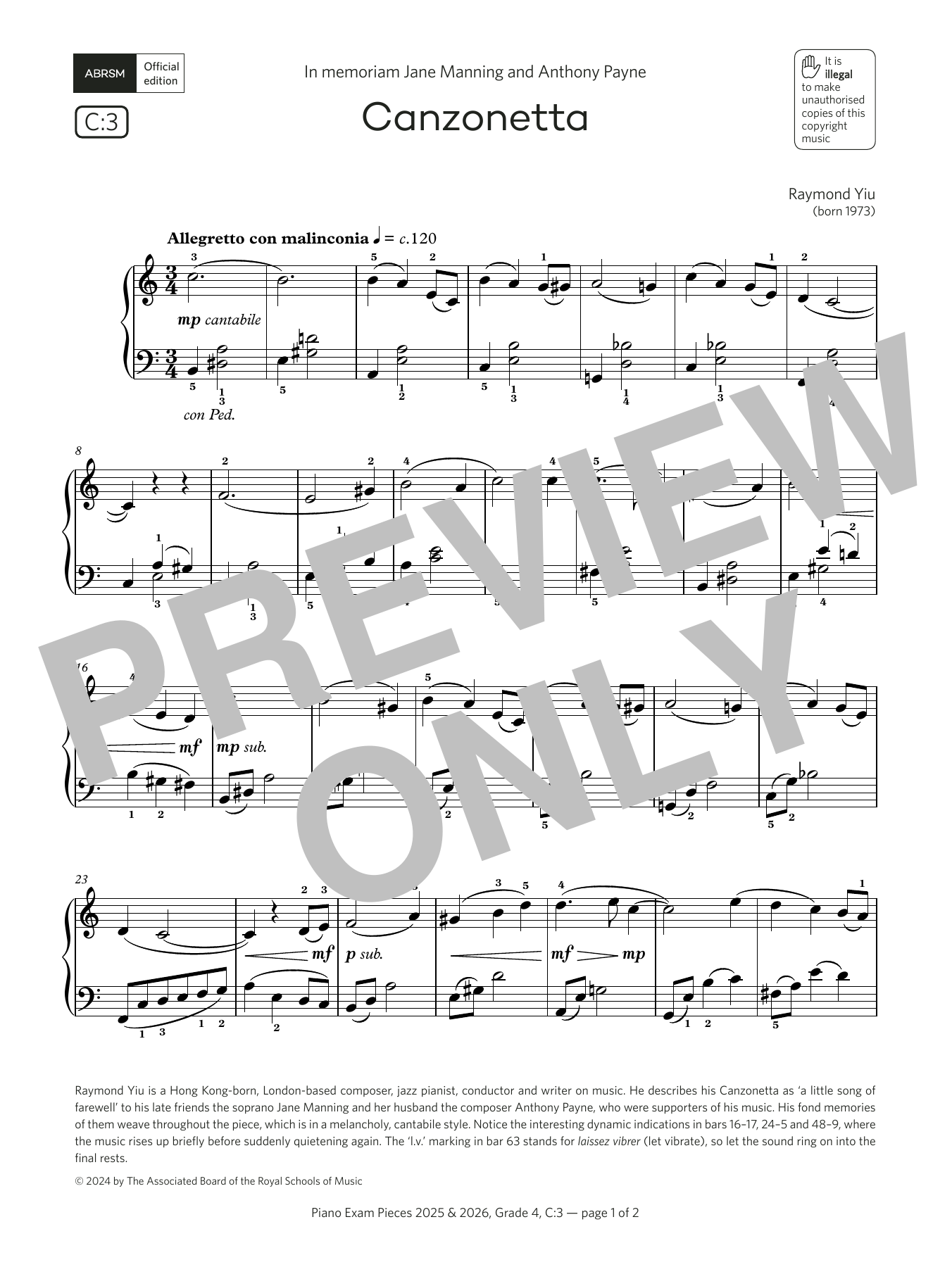 Download Raymond Yiu Canzonetta (Grade 4, list C3, from the ABRSM Piano Syllabus 2025 & 2026) Sheet Music and learn how to play Piano Solo PDF digital score in minutes