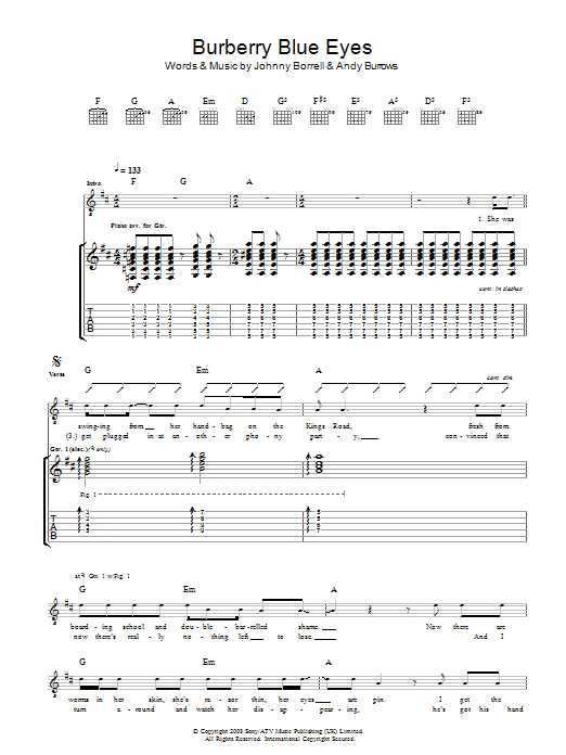 Download Razorlight Burberry Blue Eyes Sheet Music and learn how to play Guitar Tab PDF digital score in minutes