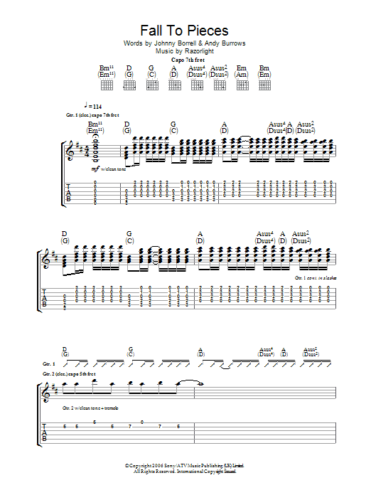 Download Razorlight Fall To Pieces Sheet Music and learn how to play Guitar Tab PDF digital score in minutes
