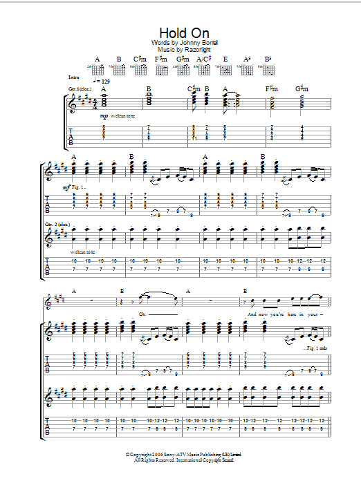 Download Razorlight Hold On Sheet Music and learn how to play Guitar Tab PDF digital score in minutes