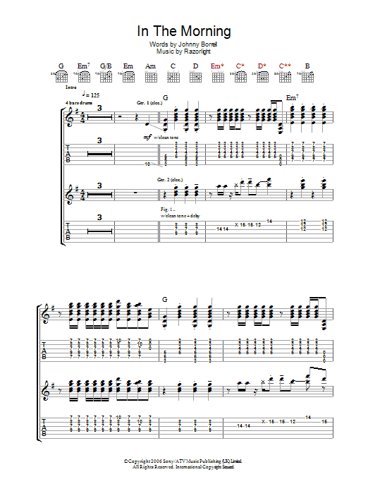 Download Razorlight In The Morning Sheet Music and learn how to play Lyrics & Chords PDF digital score in minutes