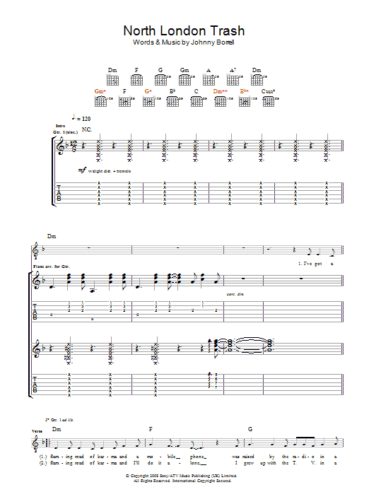 Download Razorlight North London Trash Sheet Music and learn how to play Guitar Tab PDF digital score in minutes