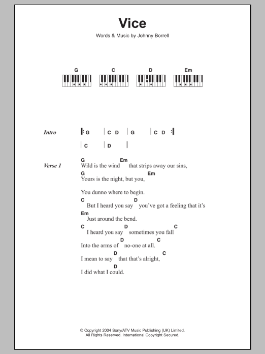 Download Razorlight Vice Sheet Music and learn how to play Lyrics & Piano Chords PDF digital score in minutes