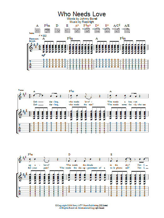 Download Razorlight Who Needs Love Sheet Music and learn how to play Guitar Tab PDF digital score in minutes