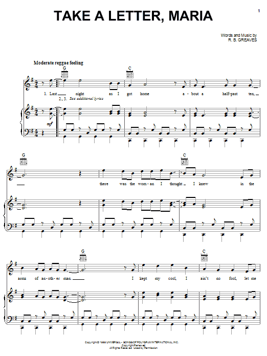 Download R.B. Greaves Take A Letter, Maria Sheet Music and learn how to play Piano, Vocal & Guitar (Right-Hand Melody) PDF digital score in minutes