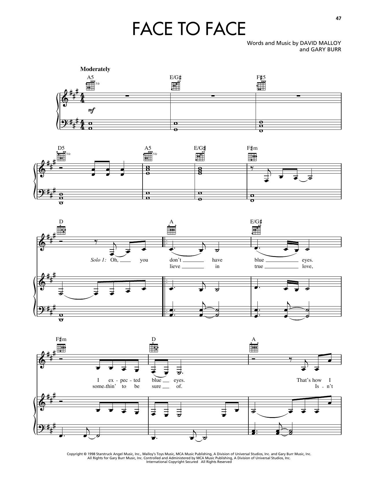 Download Reba McEntire Face To Face Sheet Music and learn how to play Piano, Vocal & Guitar Chords (Right-Hand Melody) PDF digital score in minutes