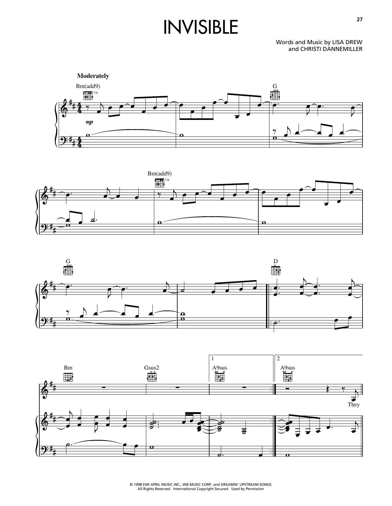 Download Reba McEntire Invisible Sheet Music and learn how to play Piano, Vocal & Guitar Chords (Right-Hand Melody) PDF digital score in minutes