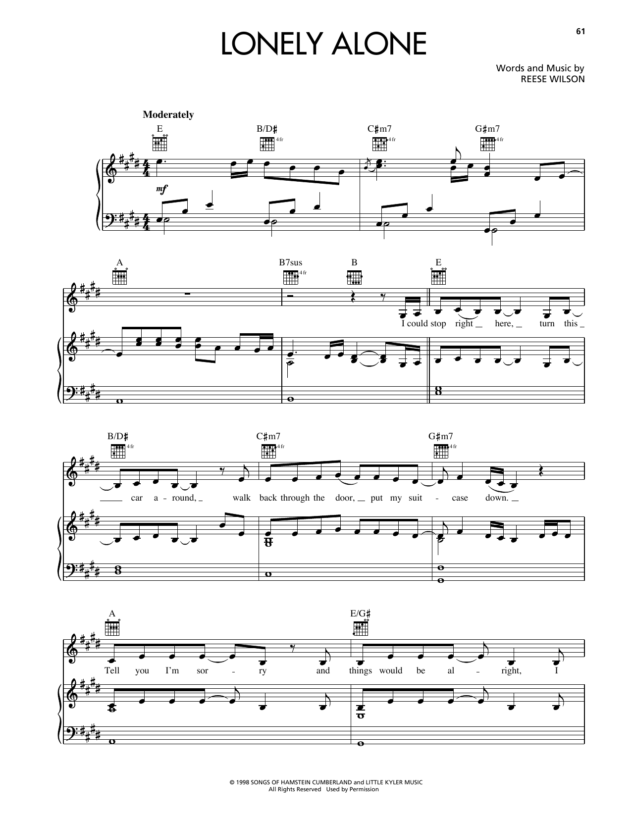 Download Reba McEntire Lonely Alone Sheet Music and learn how to play Piano, Vocal & Guitar Chords (Right-Hand Melody) PDF digital score in minutes