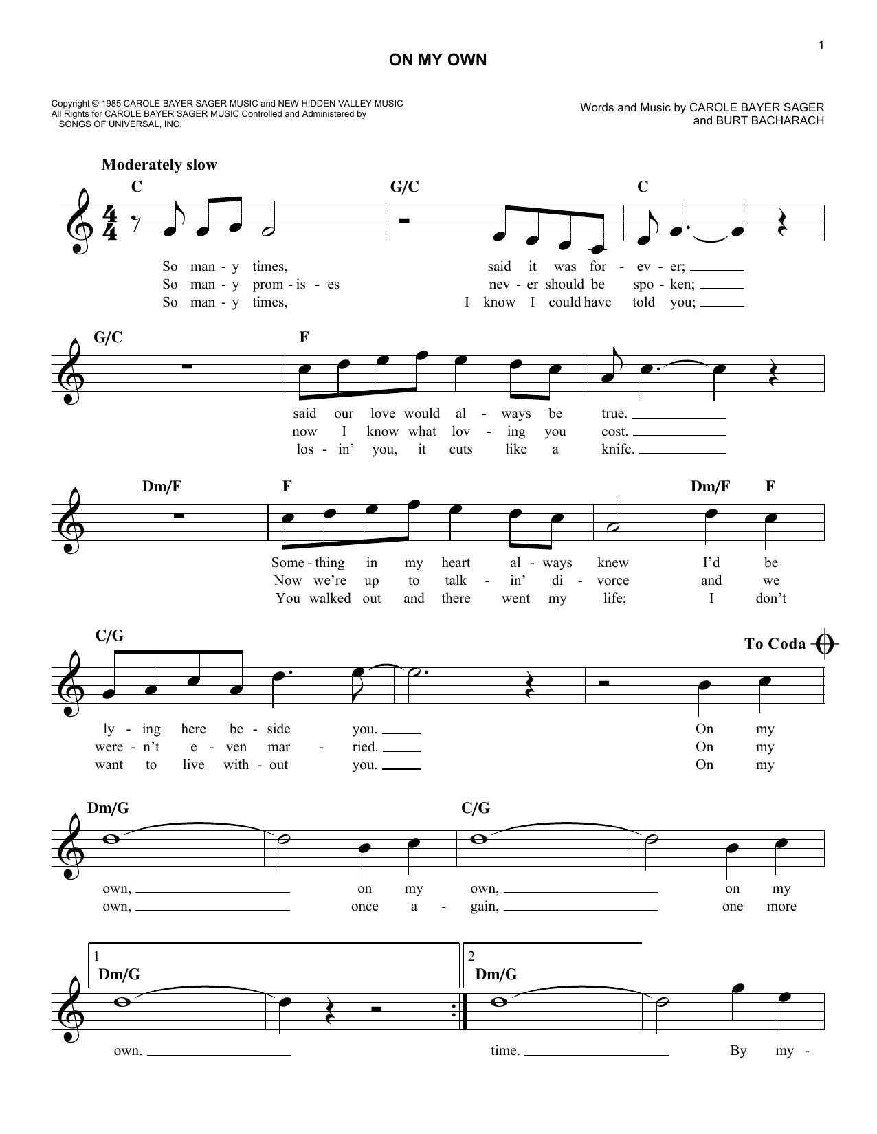 Download Reba McEntire On My Own Sheet Music and learn how to play Melody Line, Lyrics & Chords PDF digital score in minutes