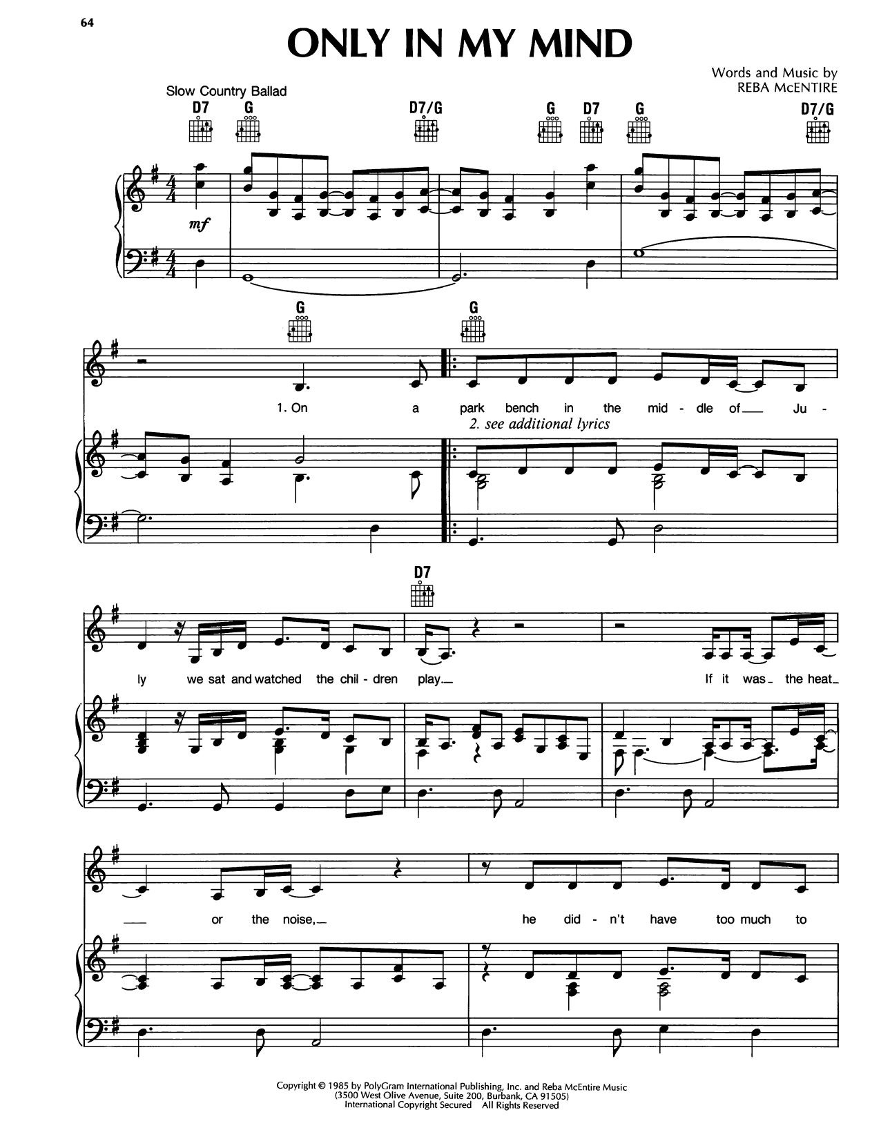 Download Reba McEntire Only In My Mind Sheet Music and learn how to play Piano, Vocal & Guitar Chords (Right-Hand Melody) PDF digital score in minutes